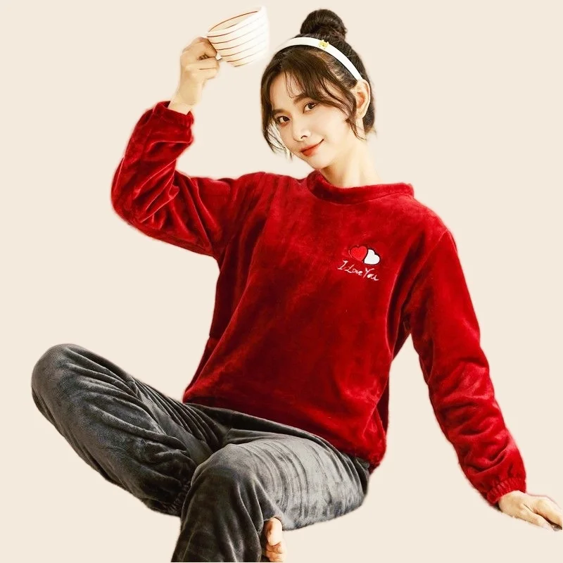 Women's Warm Winter Pajamas Set Soft Funny Cartoon Elephant Print Pyjama Homewear Cozy Flannel Sleepwear Mom Big Size 2PCS/Set