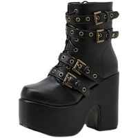 new women shoes women boots pu black round toe high top four buckle lace up street nightclub personality ankle boots kc038