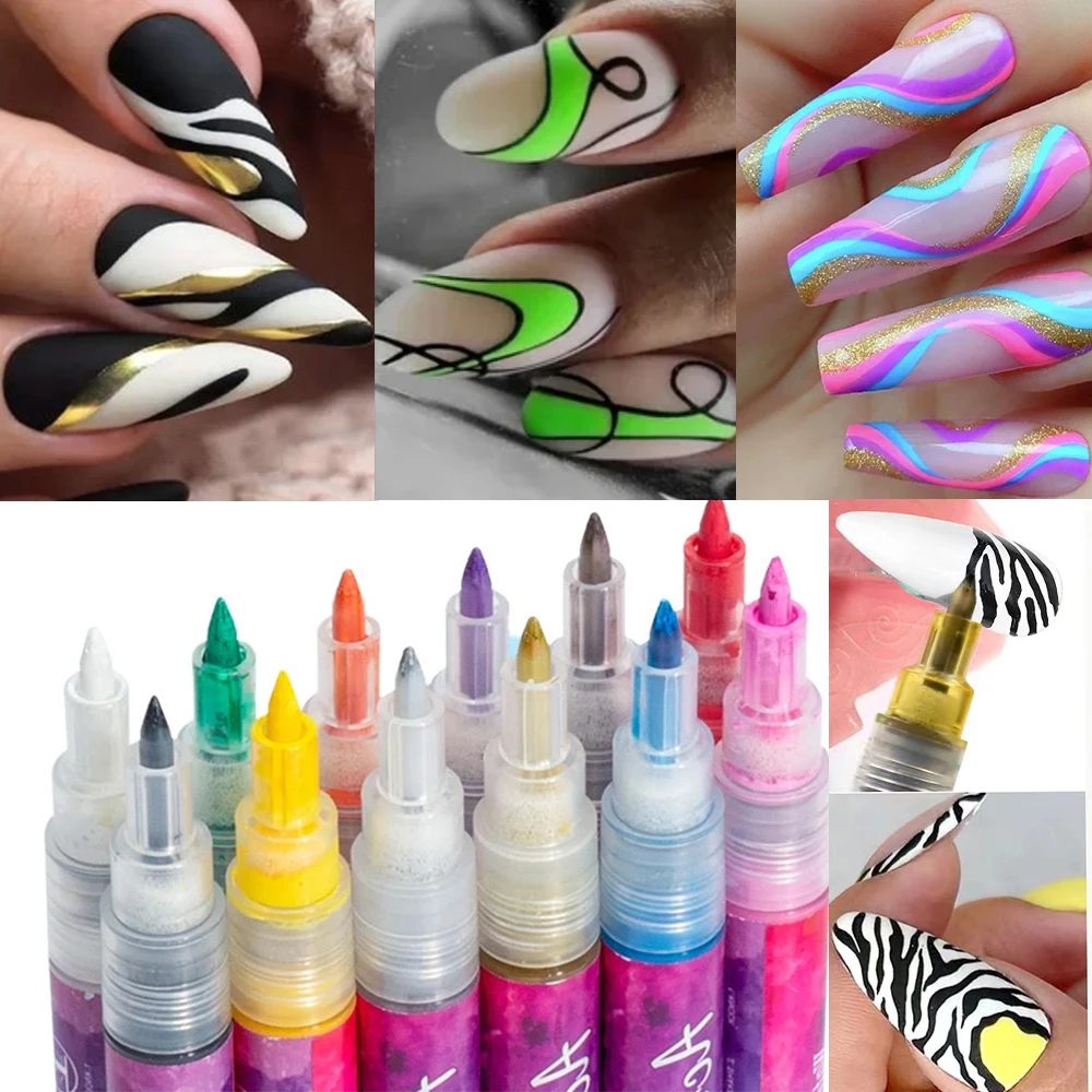 

12Colors Nail Art Graffiti Pen DIY Painting Liner Flower Polish Pen Sketch Brush Waterproof Gold Silver Black Acrylic Pen Manicu