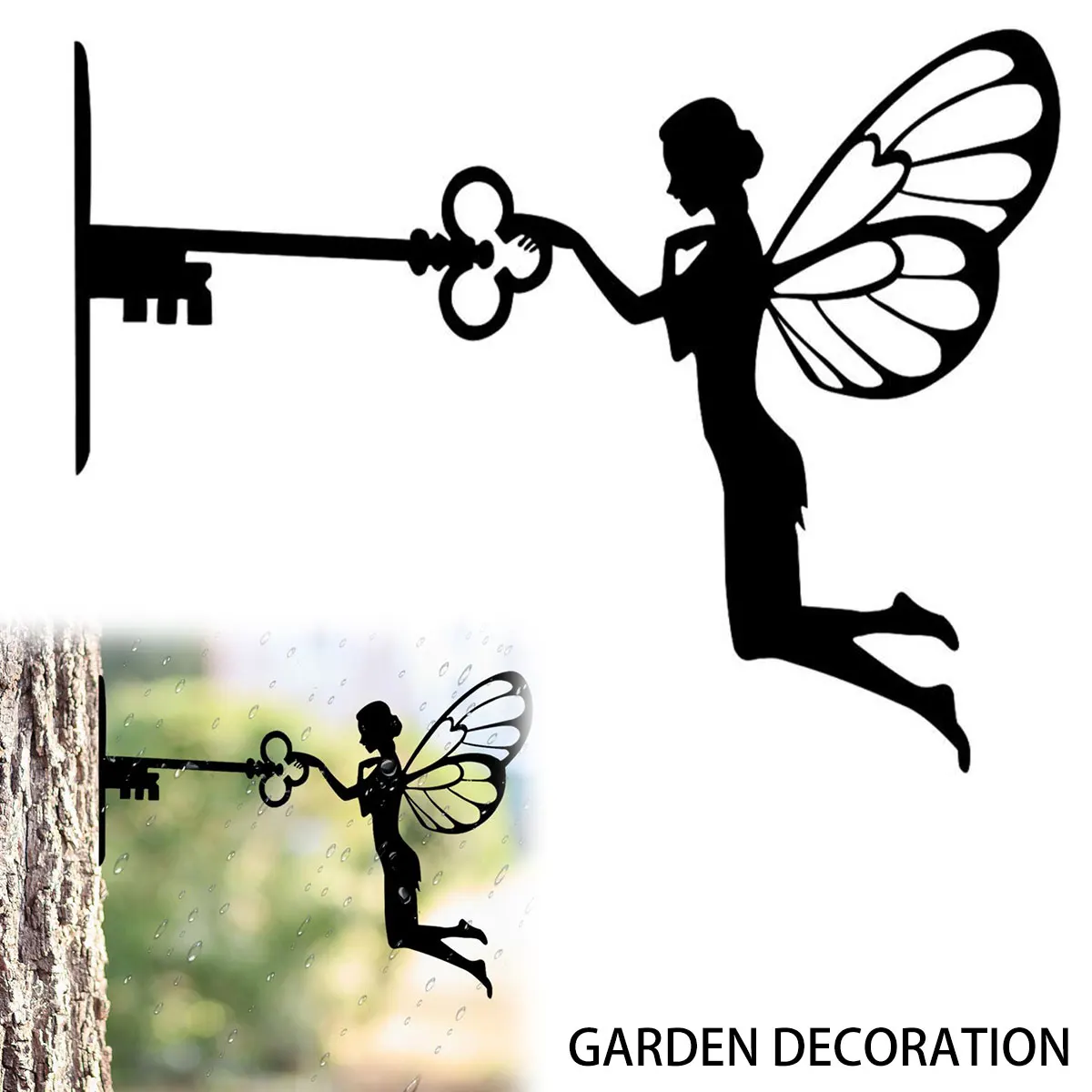 

Garden Fairy with Key Shape Stakes Metal Fairy Elf Silhouette Insert Ornament Weatherproof Fairy Stake Art Decoration Artistic