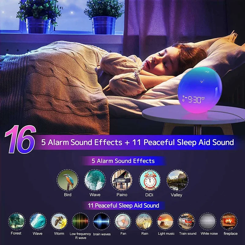 Promotion! Sunrise Alarm Clock For Bedrooms Colorful Lights Bedroom White Noise Machine Adult&ampBaby Sleep Sound Machin |