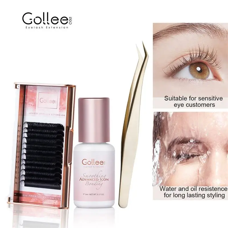 Gollee Individual Eyelash Extension 100℃ Undeformed Eyelashes Gold Tweezer Anti-Static Eyelash Glue Makeup Kit Full Professional