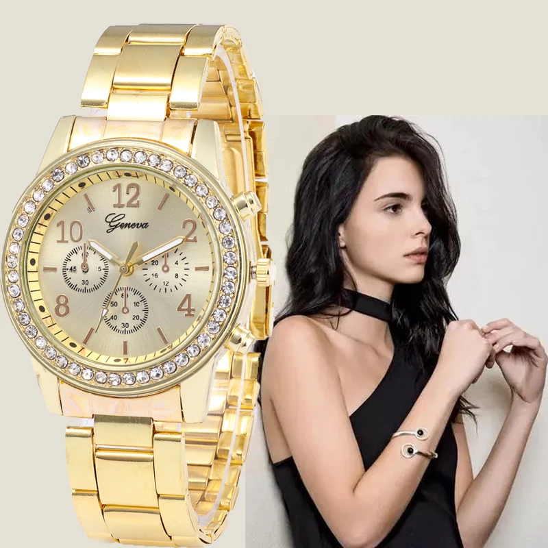 

Watch for women Luxury Fashion Geneva Rhinestone Stainless steel Fake Three Eyes Quartz Women watch Gift for lady Relógio Femino