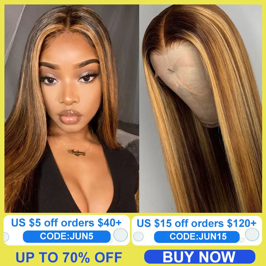 

Straight Lace Front Human Hair Wigs 13*4 Highlight Wig Pre Plucked Colored Brazilian HD Transparent Lace Front Highlight Wig
