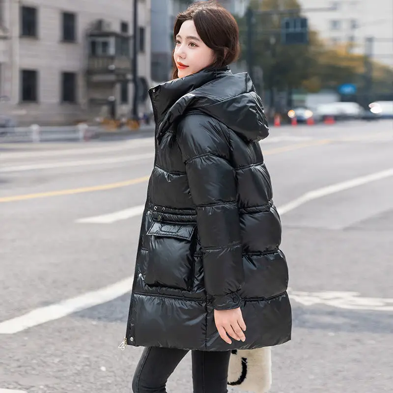 Winter Coats Women Loose Fit Mid-Long Hooded Thickened Warm Down Cotton Jacket Casual Pocket Ladies Parkas Buttons Zipper S69