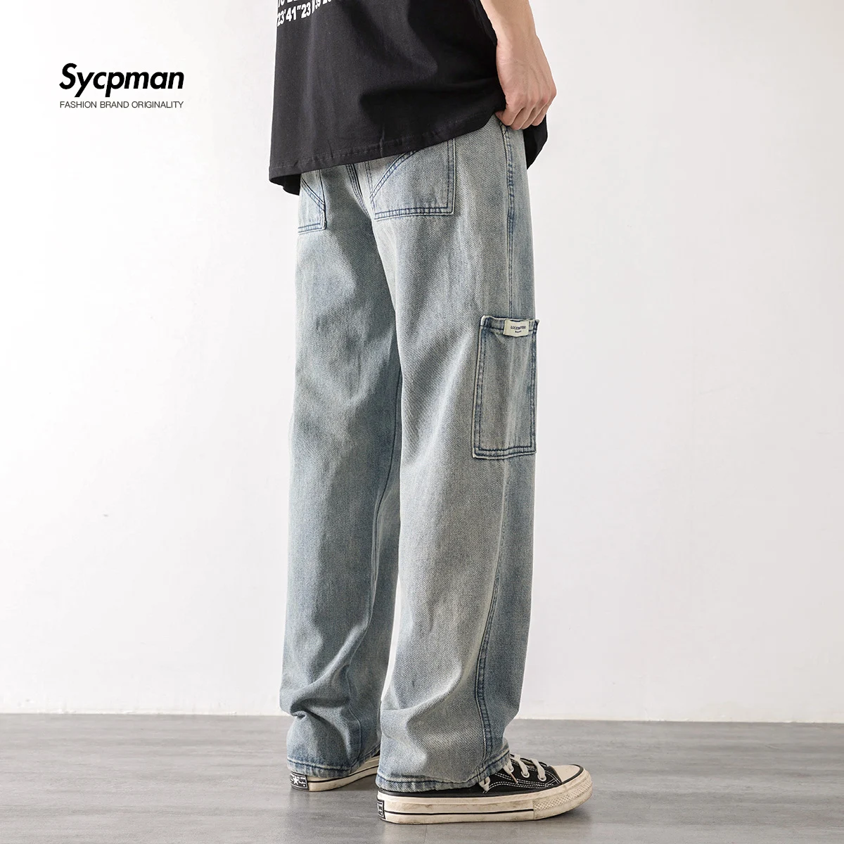 

Loose Street Style Straight Cargo Pants Jeans Men Fashion Brand Wide Leg Overalls Retro Trend Leisure Youth Denim Baggy