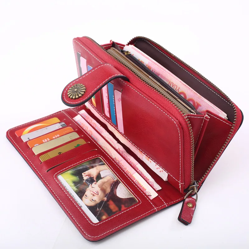 

Leather Card Women's Skin Wallets Clutch Clutch Out Retro Purse Bag Card Oil Hollow Wallet Luxury Purses Wax Buckle Credit Long
