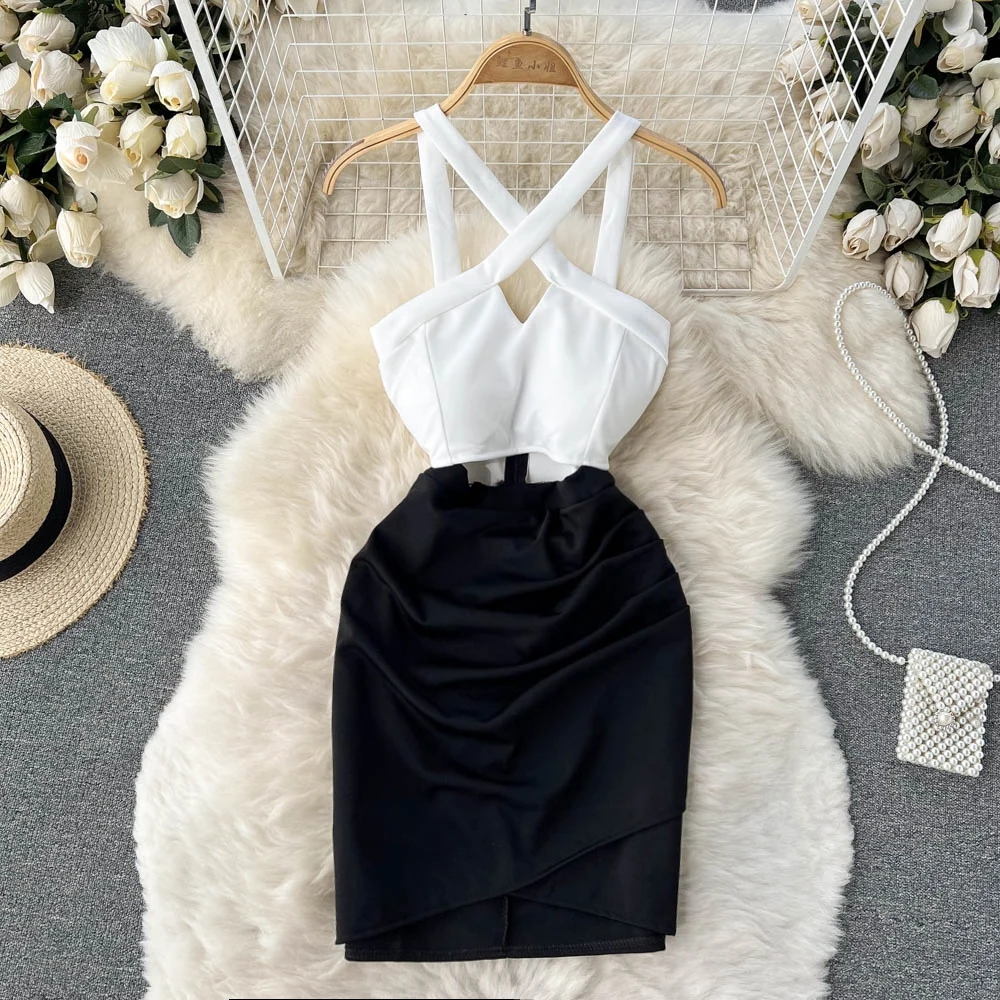 

2022 Summer New Sexy Hanging Neck Hollowed Out Backless Low Breast Fashion Slim Tight Bag Hip Dress for Women