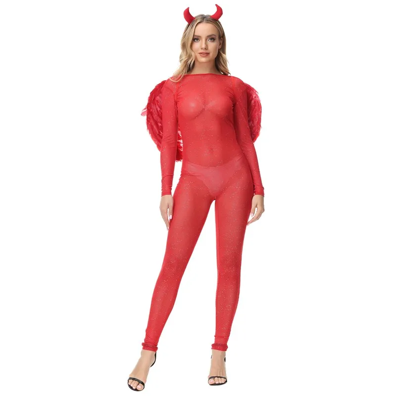 

Halloween Fancy Party Red Demon Evil Angel Devil Vampire Cosplay Costume NightClub Perspective Erotic Lingerie Jumpsuit