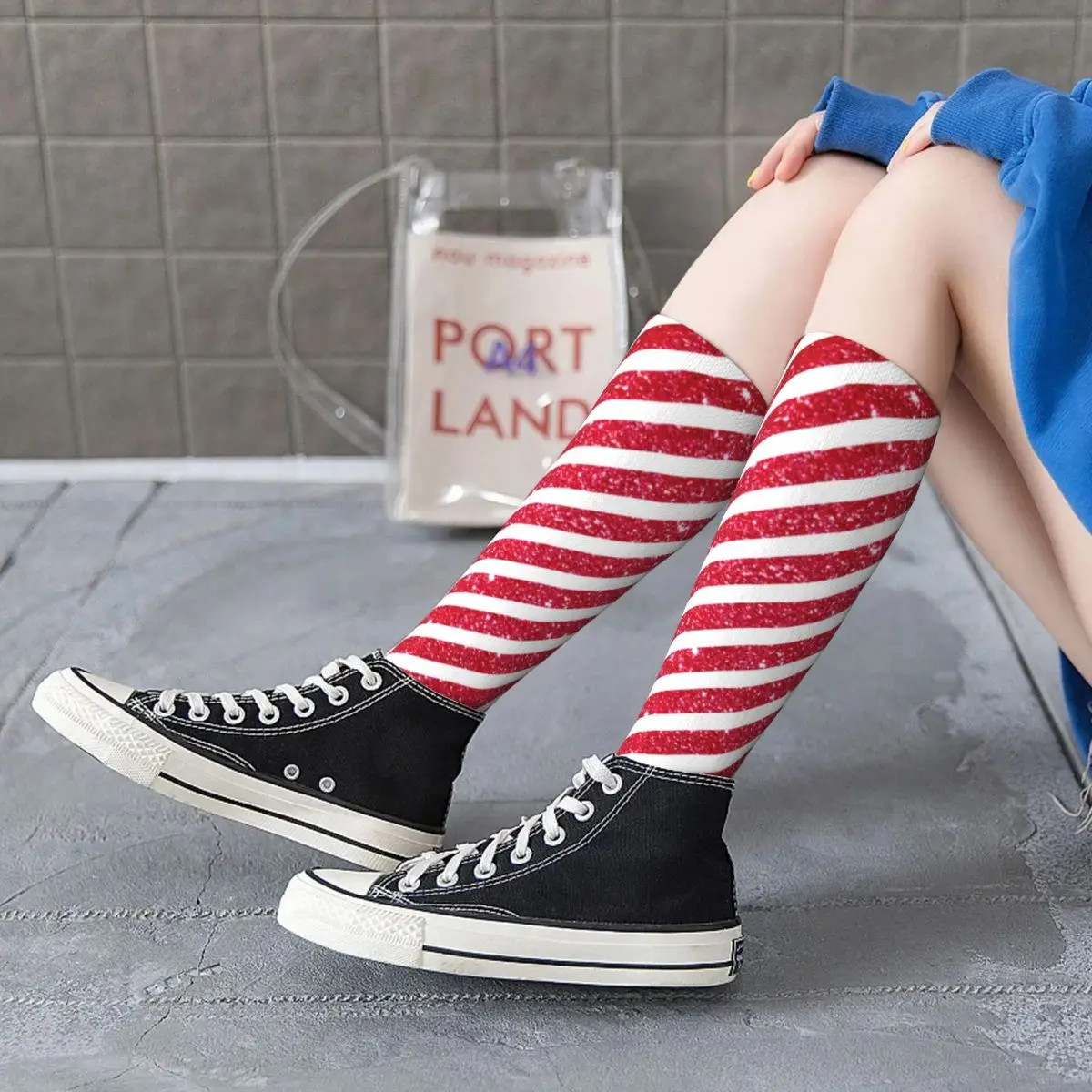 

Glitter Stripes Pattern Socks Cute Christmas Candy Summer Elastic Mid Stockings Large Chemical Fiber Novelty Youth Socks