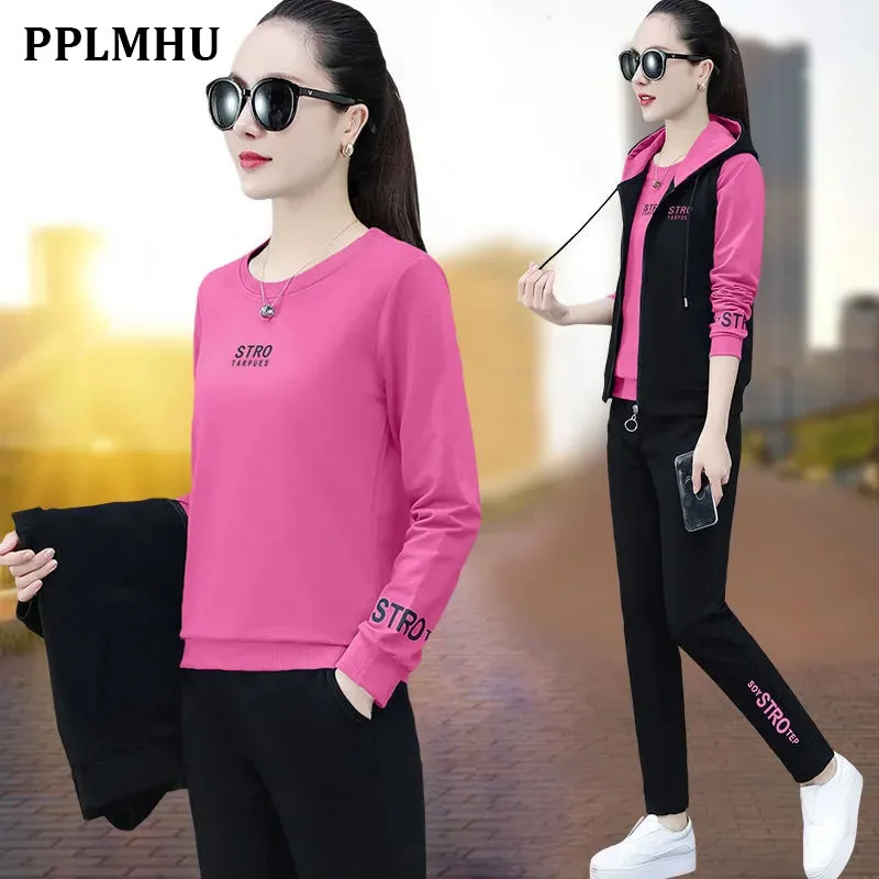 

casual Tracksuit Spring Autumn 3 Piece Set Women Outfits fashion hooded vest jacket + Long Sleeve Sweatshirt + Pant jogging Suit