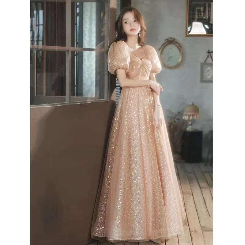 

Elegant Champagne Evening Dresses A-Line Square Collar Puff Sleeve Sequined Floor-Length Tulle Party Banquet Gown Robe De Soiree