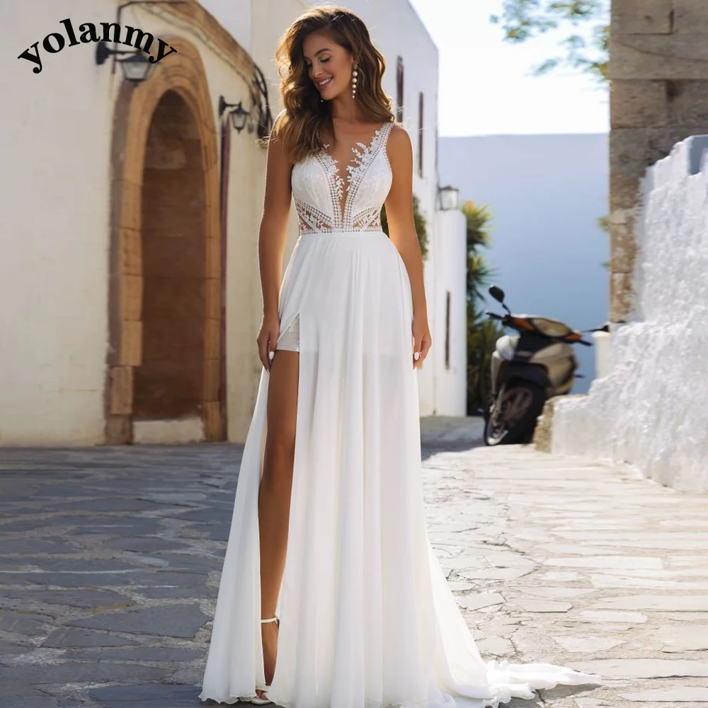 

YOLANMY Slit Backless Buttons Bohemian Appliques Illusion Wedding Dresses For Mariages Fairytale Sleeveless Made To Order