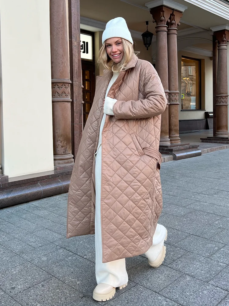 Winter Woman Coat 2022 Long Straight Rhombus Pattern Parkas Green Casual Sashes Windproof Warm Thick Coat Elegant Female Outwear