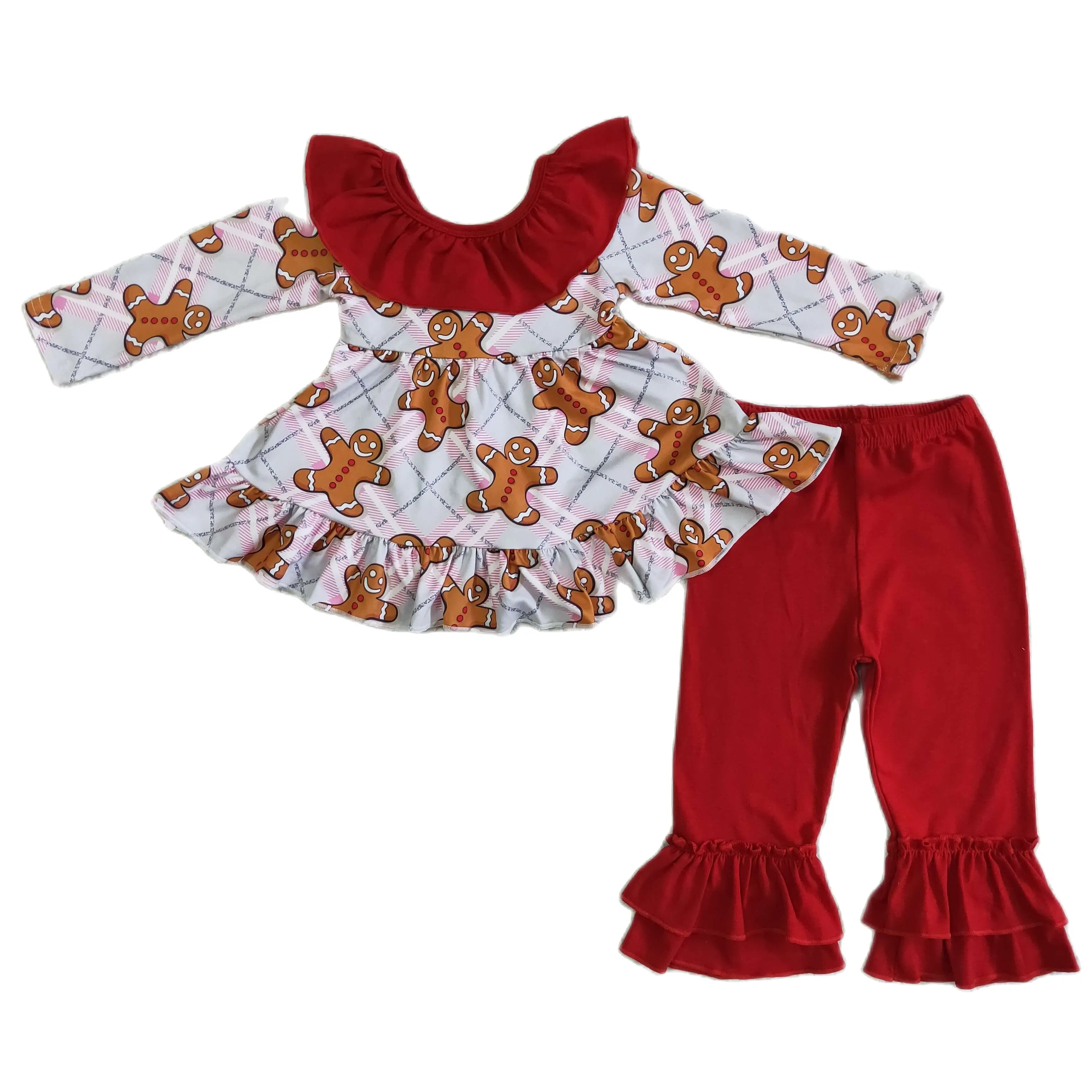 

6 B8-5 Girls Outfit Long Sleeve And Long Pants Gingerbread Man Print
