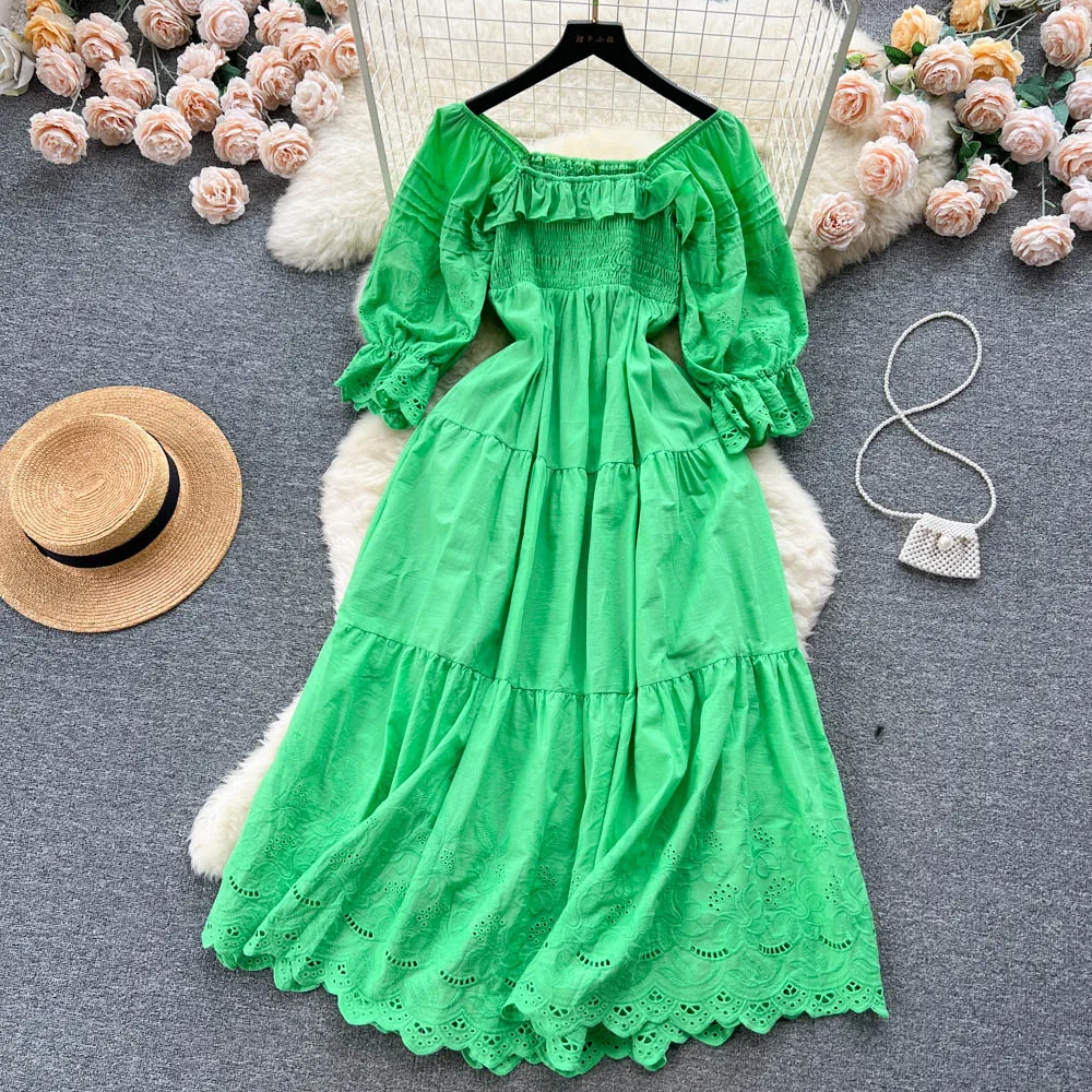 Summer New Fashion Hollow Out A-line Dress Women Square Neck Short Sleeve Elastic Waist Solid Color Casual Clothes Vestidos K986