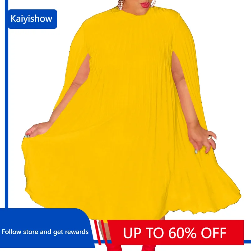 

Autumn Elegant Cape Sleeves Pleated Dress African Women Fashion Solid Loose Satin Cape Sleeves Pleated Dress Women