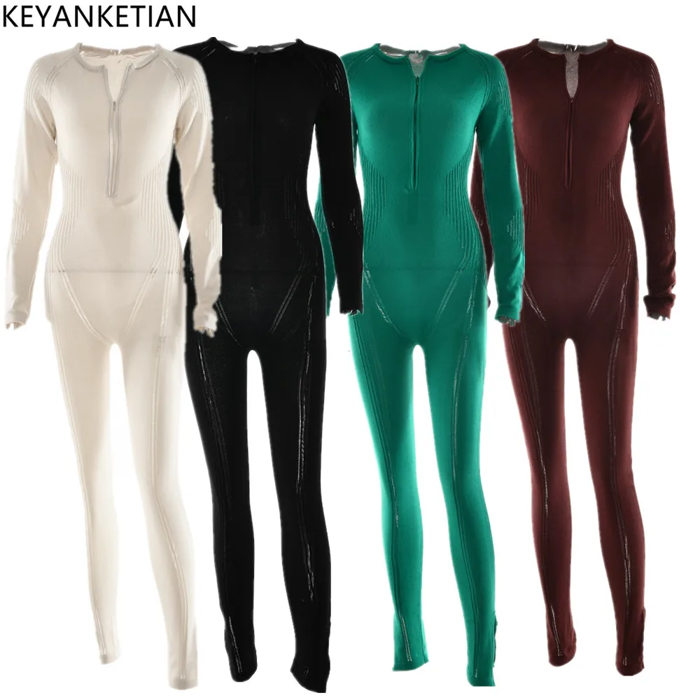 

KEYANKETIAN Green Knitted Long Sleeve Zipper Jumpsuit Cut Out Bodycon Rompers Sexy Streetwear Club Outfits Y2k Clothes Thin