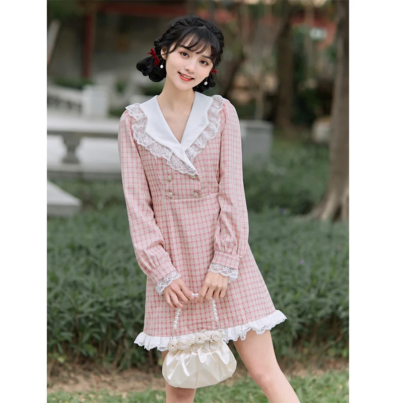 

Japanese Preppy Style Pink Plaid Women Dress Lace V-neck Long Sleeve Spring Summer Dress Sweet Kawaii Button Mini Female Vestido