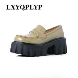 2022 spring new leather thick heel slip-on shoes women's thick-soled platform loafers round toe heig in Pakistan