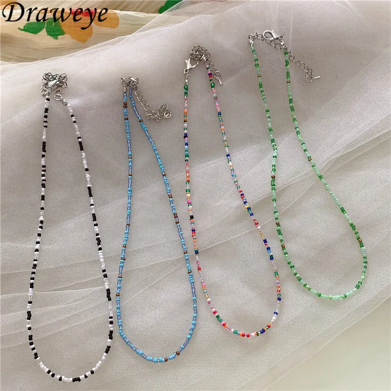 

Draweye Colorful Beads Vintage Necklaces for Women Rainbow Bohemia Sweet Jewelry Korean Fashion Girls Gift Round Chokers