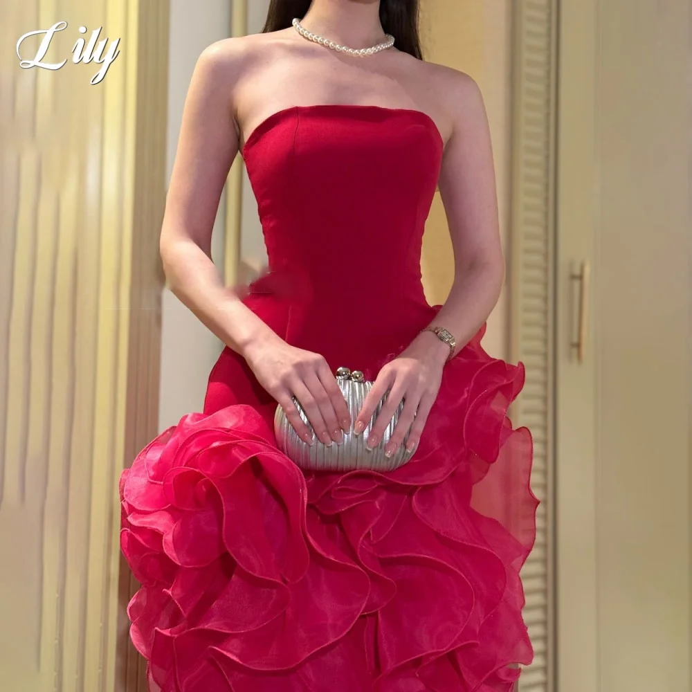 Lily Red Tull Party Dress Вечерние платья без бретелек Многоуровневые рюши без рукавов فساتين السهرة со складками по индивидуальному заказу (art.: 3920d2de3d720) - 3920d2de3d720