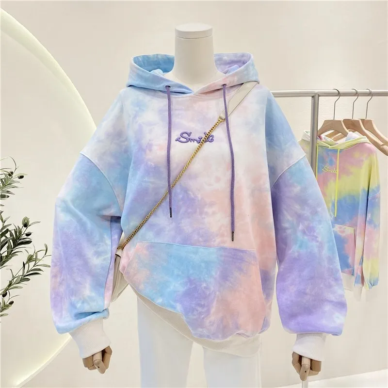 

2022 Autumn and Winter Embroidered Tie-dye Hooded Sweater Women's New Large Size Coat
