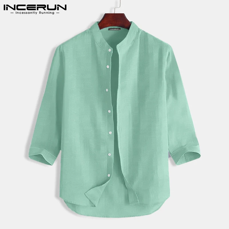 

INCERUN Men Casual Shirt Cotton Stand Collar 3/4 Sleeve Button Solid Color Men Clothing Streetwear 2023 Camisas Harajuku S-5XL