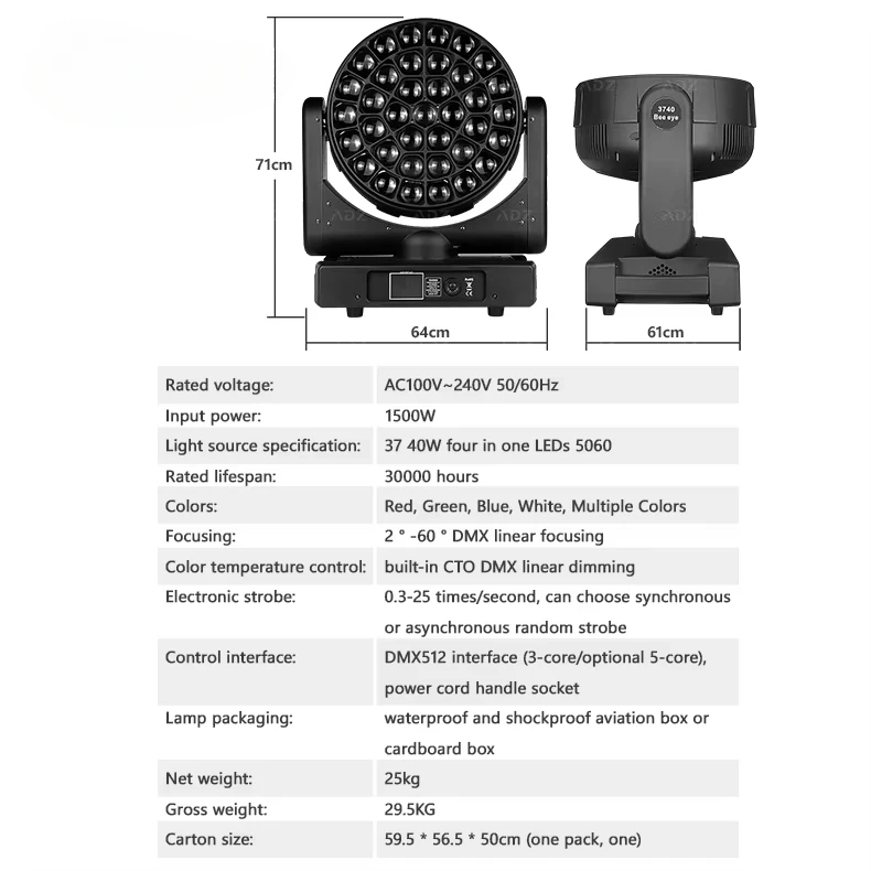 ADZ 37X40W 4in1 Zoom Beam Светодиодные сценические светильники с подвижной головкой DMX512 RGBW