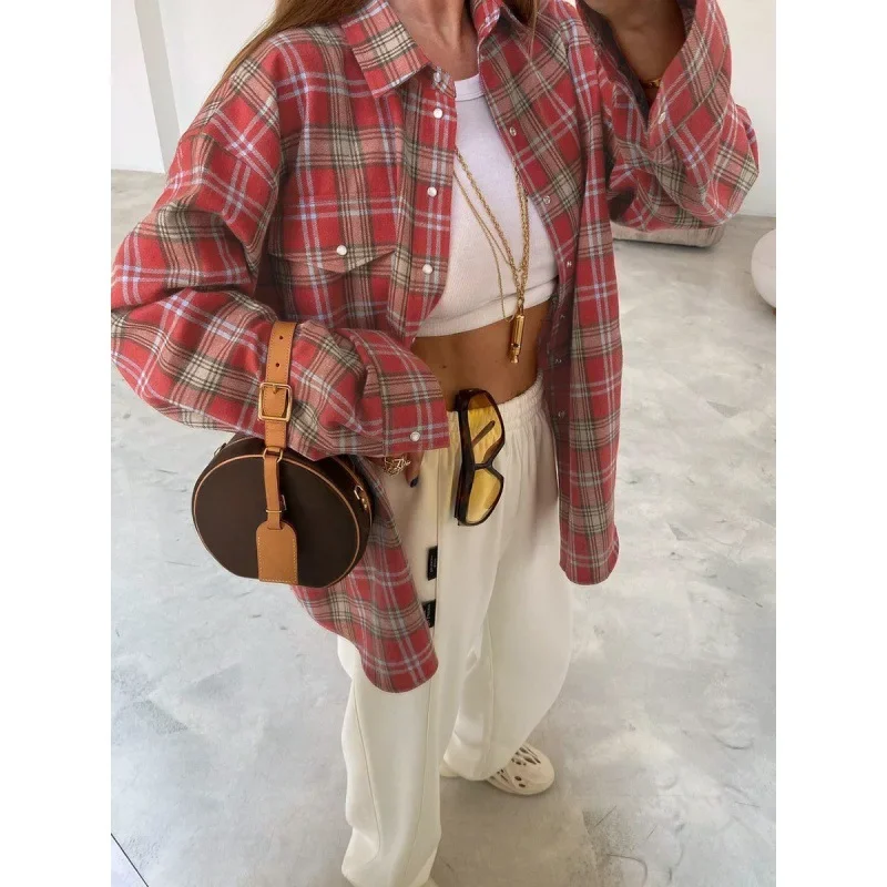 Винтажная клетчатая рубашка с длинными рукавами и лацканами женская весна 2024