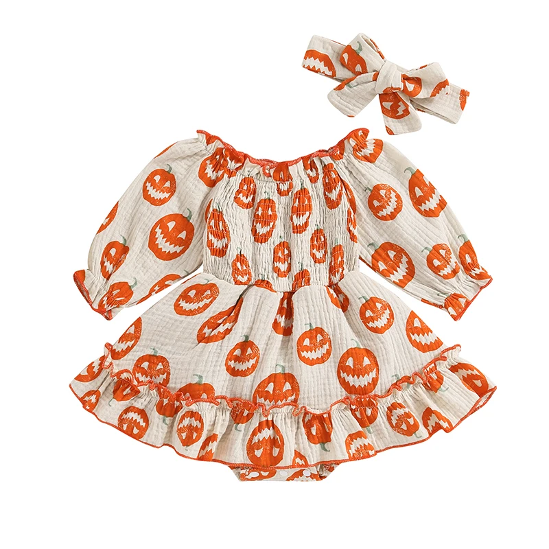 

Наряд для новорожденной девочки с длинным рукавом с открытыми плечами и принтом тыквы, комбинезон, платье с повязкой на голову, одежда для Хэллоуина