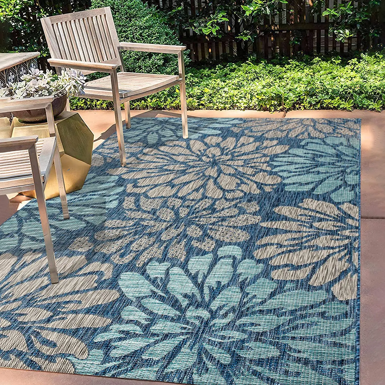 

Modern Floral Textured Weave Indoor Outdoor Area Rug Bohemian Coastal Easy Cleaning Bedroom Kitchen Backyard Patio 5 X 8