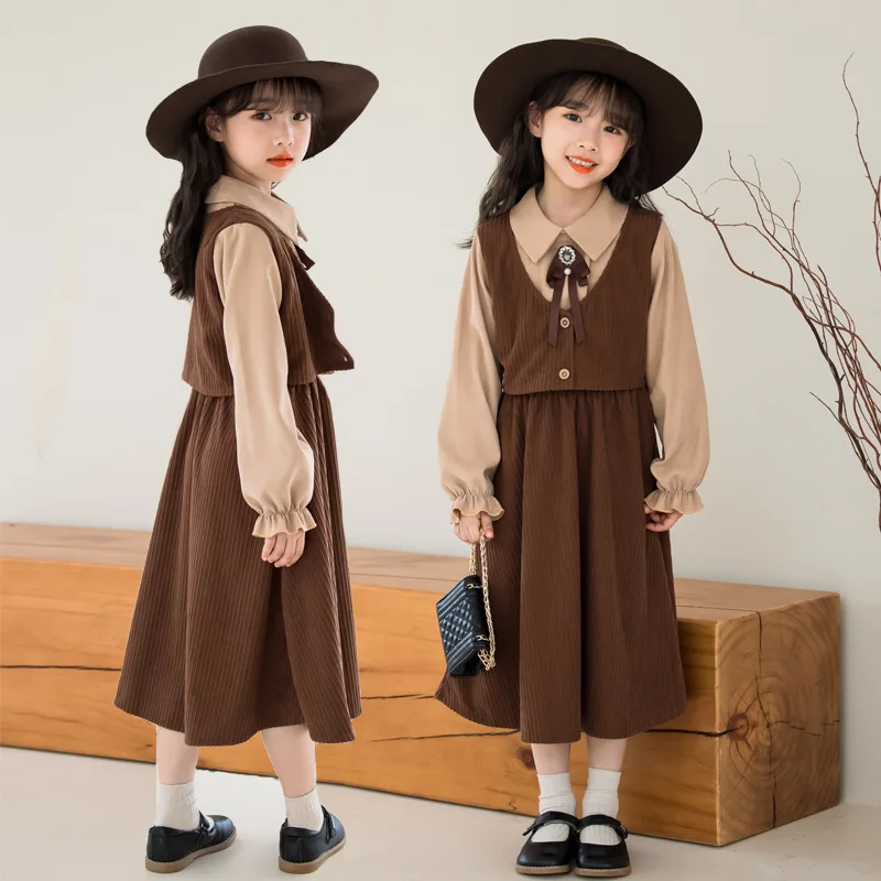 

Teenager Children Girls Dress Sets Kids Girls Fake 2pcs Vestidos Spring autumn Long Sleeve Corduroy Vintage Dress for 6-15 years