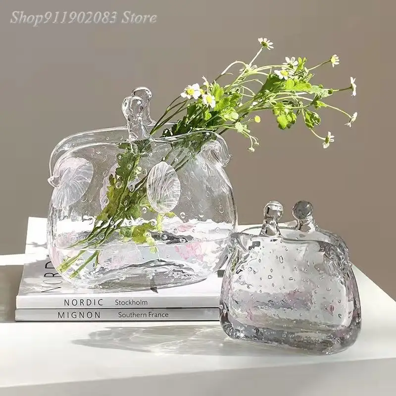 

Creative Bag Glass Vase Transparent Open Glass Bottle Pink Petal Pattern Flower Arrangement Art Hydroponic Flower Pot Vases Pots