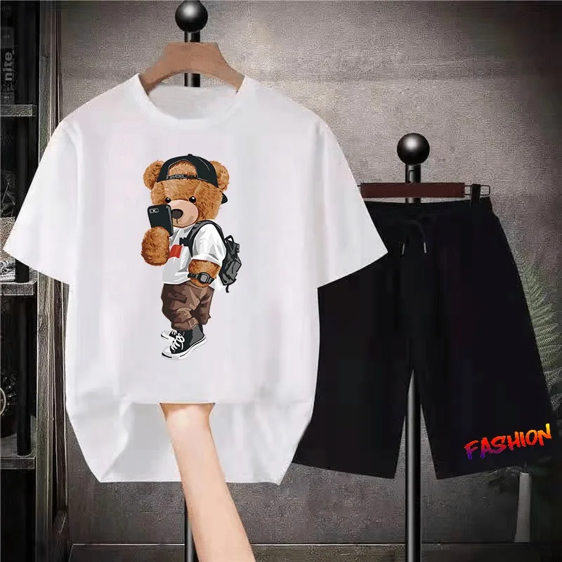 Fashion Men T Shirt Suits Luxury Brand Casual High Quality Designer Cool Bear Print Cotton Outfit Tracksuit Sportwear Shorts Set