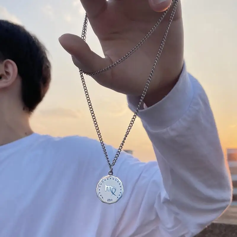 

12 Constellations Coin Pendants Necklace for Women Men Long Chain Simple Alloy Accessories Students Friends Hip-hop Gifts