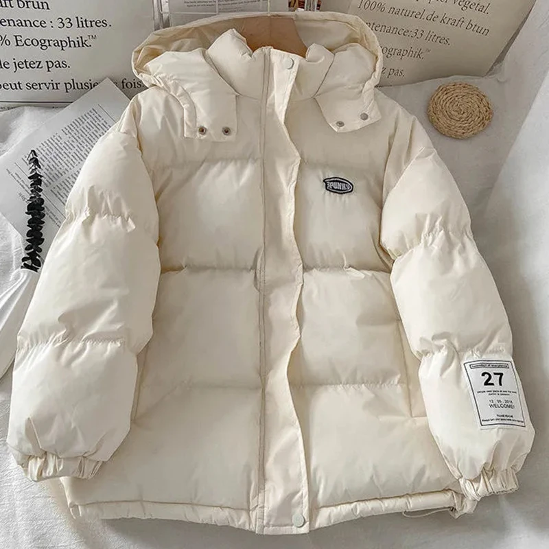 

New Winter Down Cotton Jacket Women Zipper Loose Padded Hooded Coats Female Solid Thicken Warm Puffer Parkas Windproof Outwear
