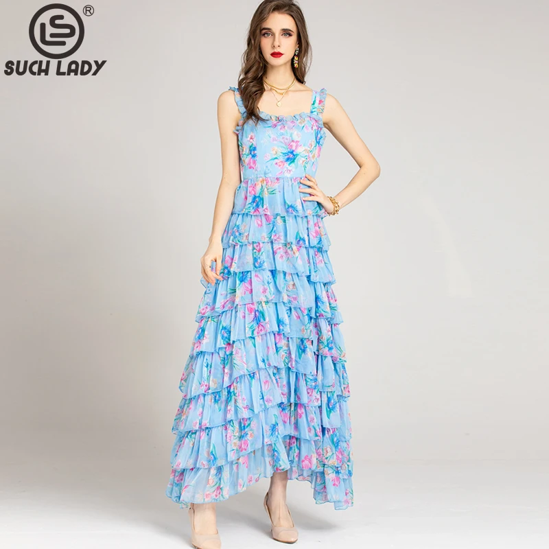 Women's Runway Dresses Spaghetti Straps Printed Tiered Ruffles Fashion Maxi Casual Party Prom Gown