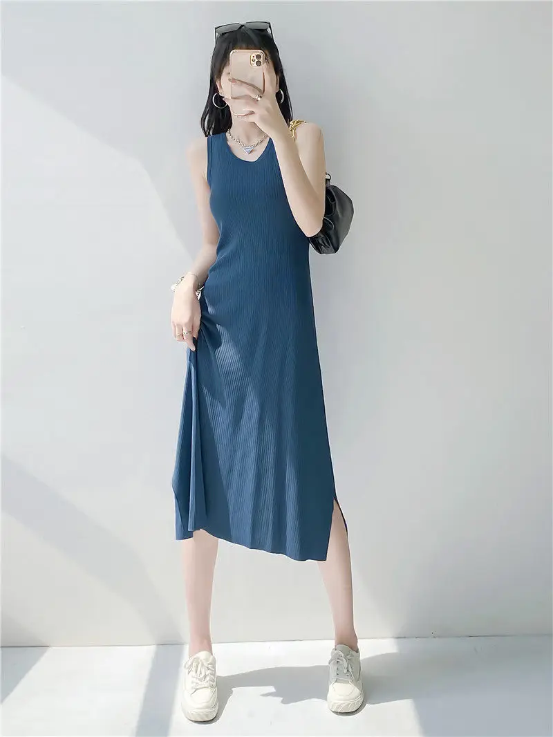 

Black Vest Sleeveless Suspender Dress Women's 2022 New Summer High-End Bottoming Knitted Dress Split Korean Jumper Tops H1689