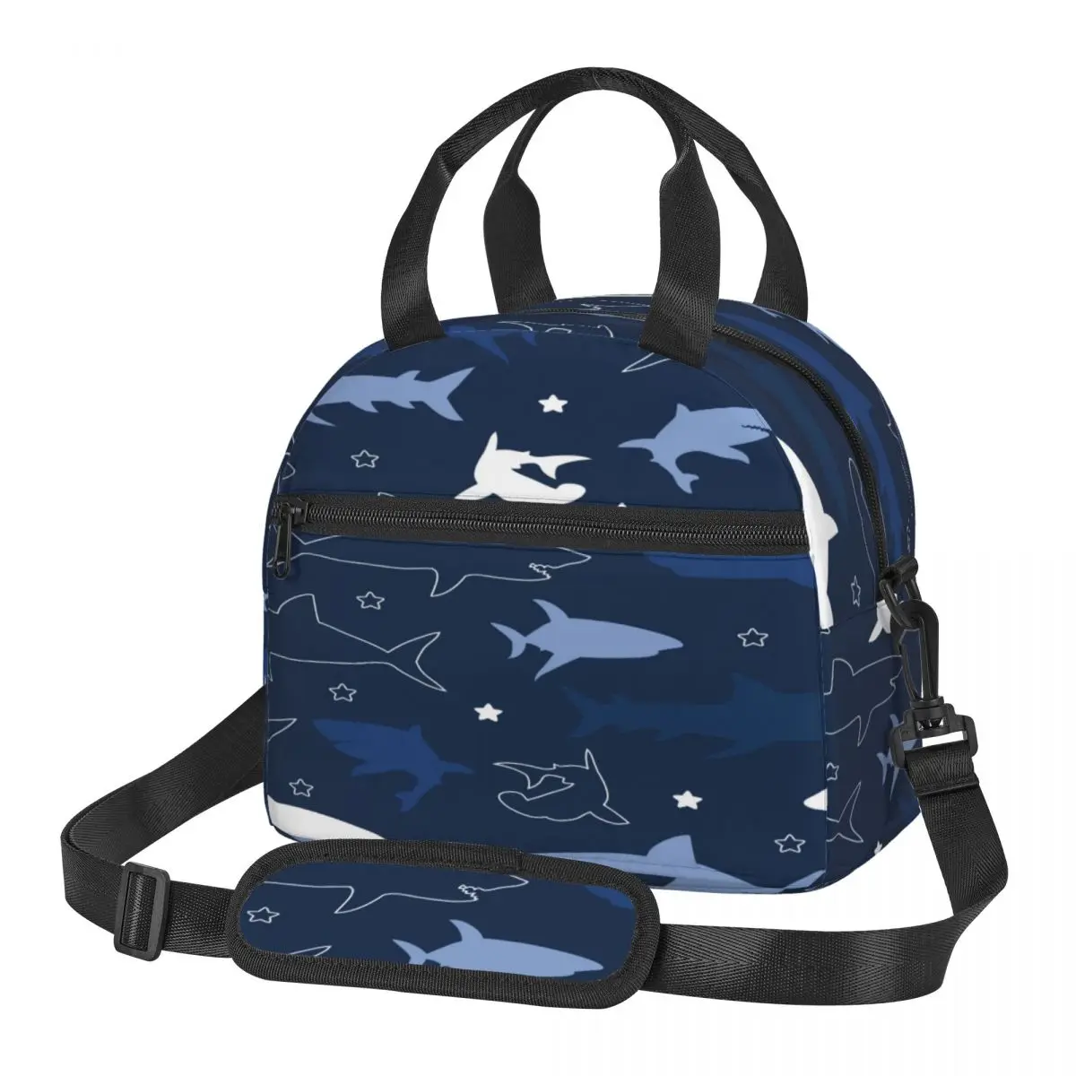 

Portable Insulated Thermal Bento Lunch Box Navy Shark Illustration Picnic Storage Bag Pouch Lunch Bag
