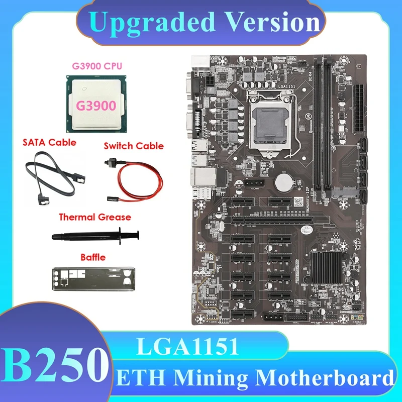 

B250B ETH Mining Motherboard+G3900 CPU+Baffle+Switch Cable+SATA Cable+Thermal Grease LGA1151 DDR4 12PCIE MSATA For BTC