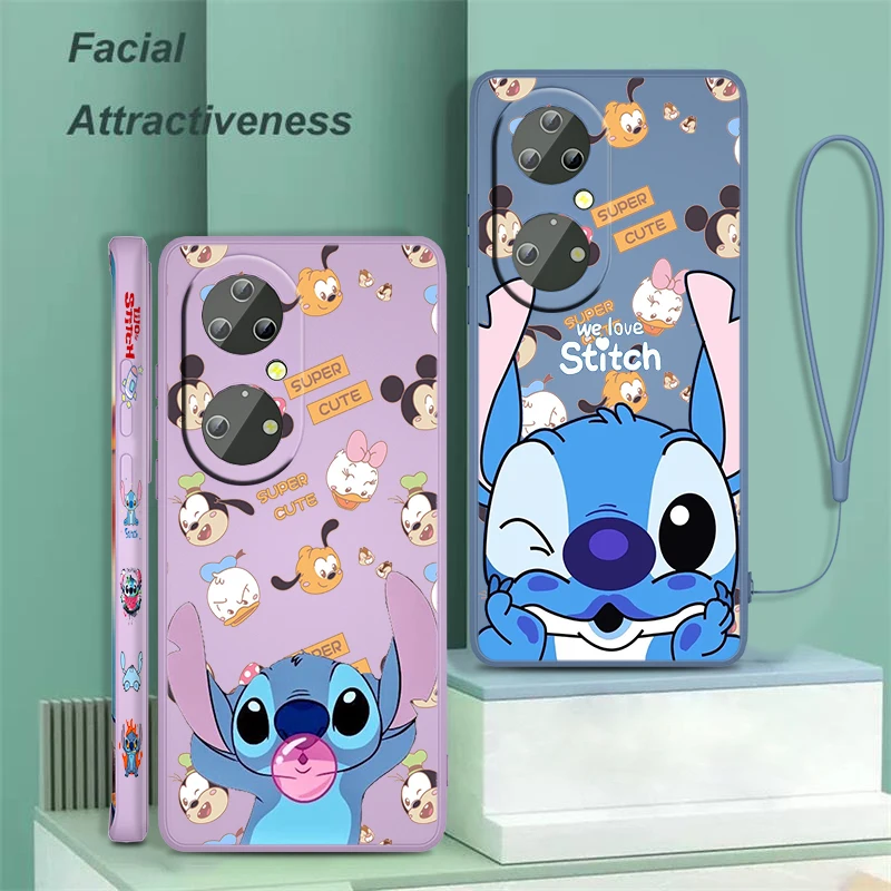 

Lilo & Stitch Disney Art Case Liquid Left Rope Phone For Huawei P50 P40 P30 P20 Pro Lite E Y9S Y9A Y9 Y6 Y70 Nova 5T Cover