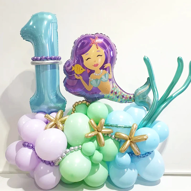

Mermaid Balloon Bouquet Tower Little Mermaid Theme Birthday Party Decoration Anniversary Balloons Number 0-9 Air Ball