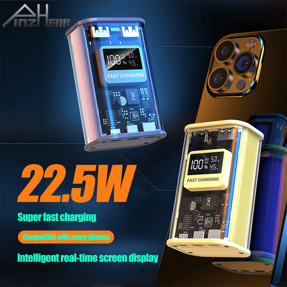 

PINZHENG 20000mAh Transparent Power Bank QC 225W PD20W Mini Portable 10000mAh External Quick Charger For iPhone Samsung Huawei