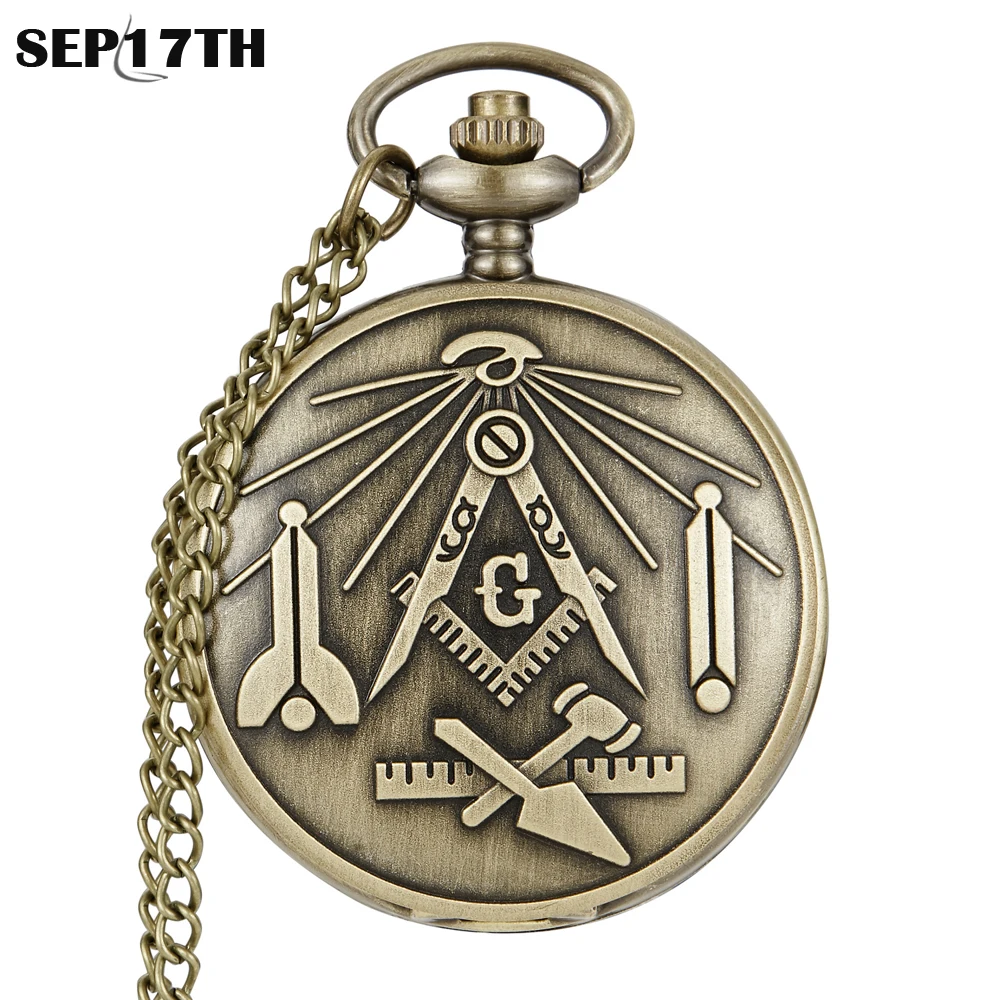 

Bronze Masonic Freemasonry Chrome Square and Compass Mason Retro Necklace Pendant Quartz Pocket Watch with Chains Best Gifts