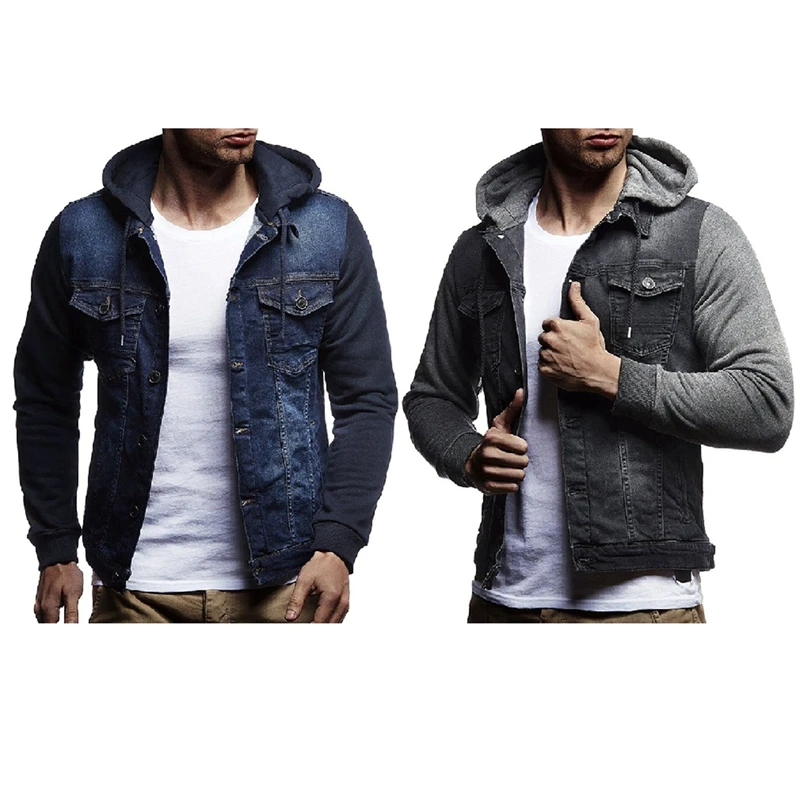 

NEW-2 Pcs Hooded Denim Jacket Streetwear Button Up Casual Style Men Clothing For Spring Autumn Jacket XL, Dark Gray & Blue