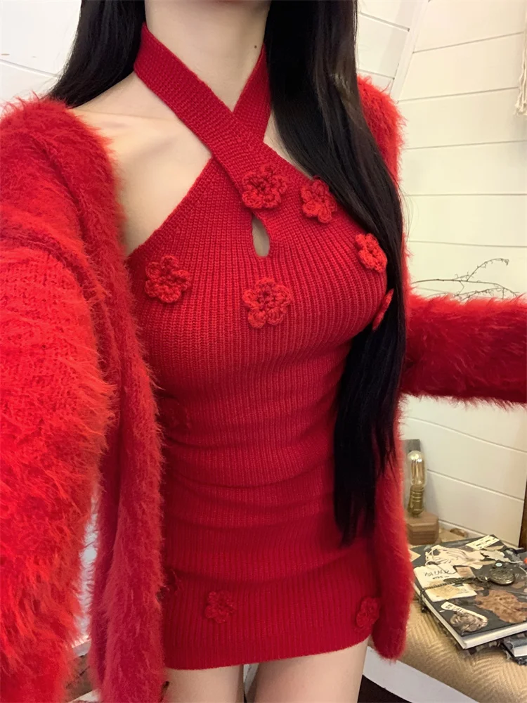 Женские мягкие вязаные комплекты из двух предметов во французском стиле