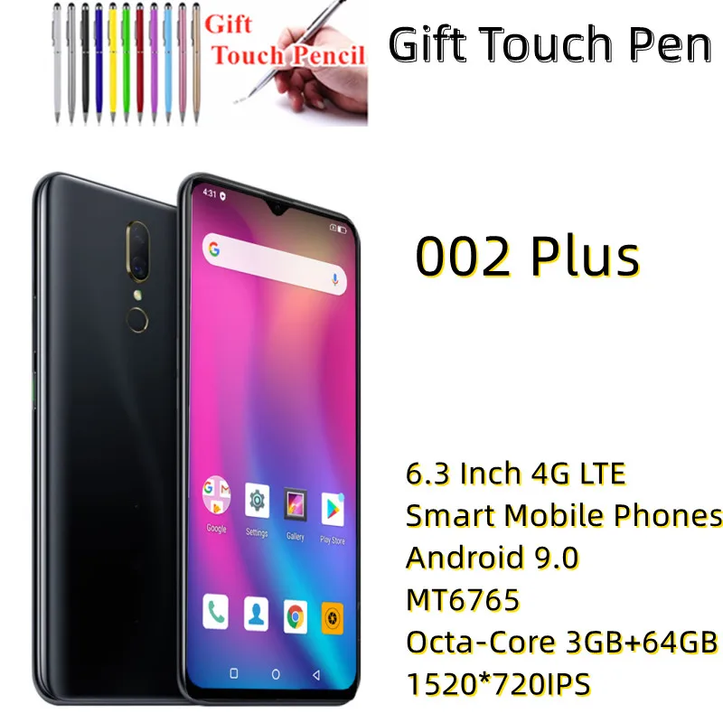 

6.3 Inch 002 Plus Dual SIM Cards 4G LTE Smart Mobile Phones 3GB+64GB Android 9.0 MT6765 Octa-Core 1520*720IPS Support WiFi