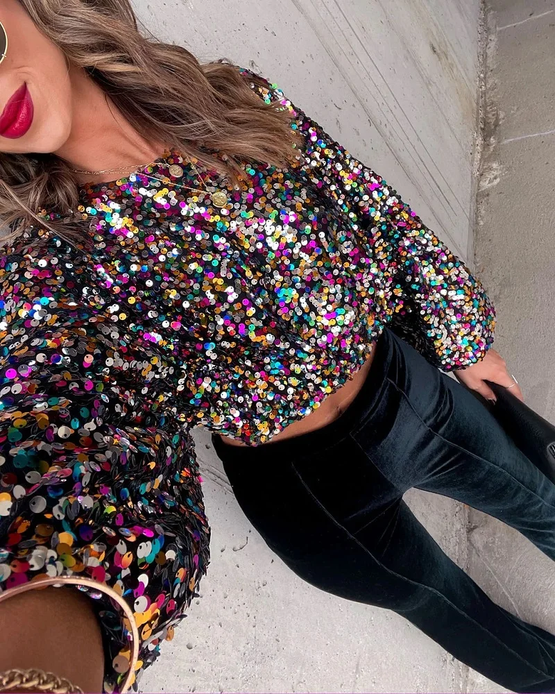 

Women Glitter Rainbow Sequin One Piece T-shirt Crop Top Autumn 2023 Long Sleeve O-Neck Sparkly Shiny Disco Party Tee Shirts