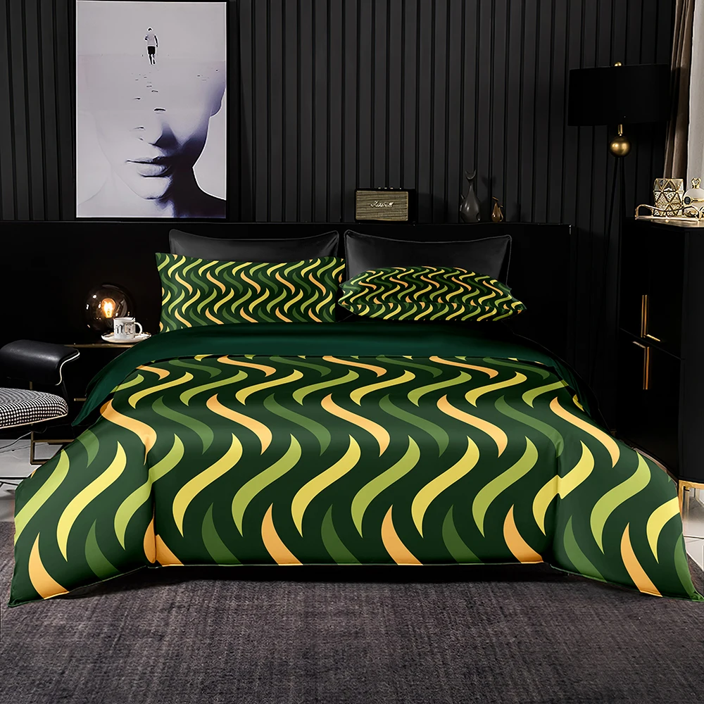 

Quality Green Bedding Set Ultra Soft Duvet Cover Light Green Yellow Strip Print Set with Pillowcase 2/3PCs for Queen King Size